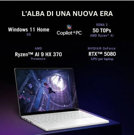 ASUS ROG Zephyrus G14 14" 3K OLED 120Hz Gaming Laptop Copilot+ PC AMD Ryzen AI 9 HX 370 NVIDIA RTX 5080 32GB RAM 2TB SSD Platino Bianco