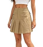 Ladyful Cargo Pleated Mini Skirt for Women Elastic Waist Short Skirt Khaki
