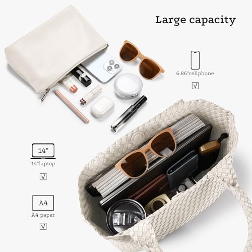 Image of Woven Tote Bag for Women, Large Vegan Leather Tote with Inner Pouch | Soft Woven Texture,Relaxed Style,Shoulder Tote Bag,Unstructured Tote,Casual Woven Handbag,Open Interior,Removable Pouch