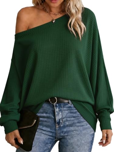 Image of Going Out Tops for Women Waffle Knitted Off Shoulder Jumper Winter Outfits