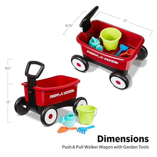 Radio Flyer Push & Pull Walker Wagon with Garden Tools, Red 2-in-1 Wagon for Toddlers, For 1-4 Years Old