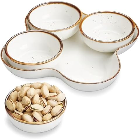 ONEMORE Chip and Dip Serving Set, 8.5 inch Speckled Ceramic Divided Serving Platter Small Appetizer Tray with 4 Removable Dishes for Nuts, Candy, Snacks, Veggies, Rustic Serving Bowls for Entertaining Cover