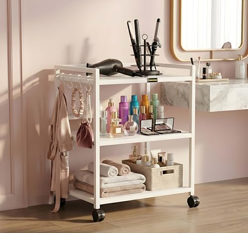 Image of 3 Tier Metal Kitchen Storage Rack with Wheels | Heavy Duty Multipurpose Microwave Oven Stand | Rolling Utility Shelf for Home, Office & Bathroom Organizer (White)
