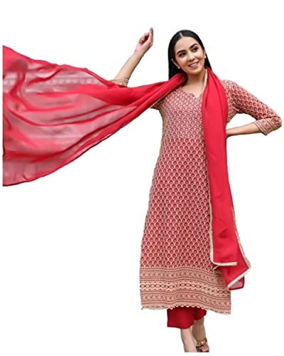 Image of GoSriKi Women's Cotton Blend Embroidered Straight Kurta with Pants & Dupatta (Dumas)