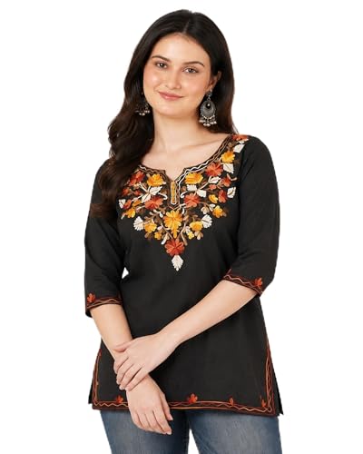 Image of Women's Gulnar Pure Cotton Kashmiri Embroidered A-line 3 /4 Cuff Sleeves Kurti | Short Kurta