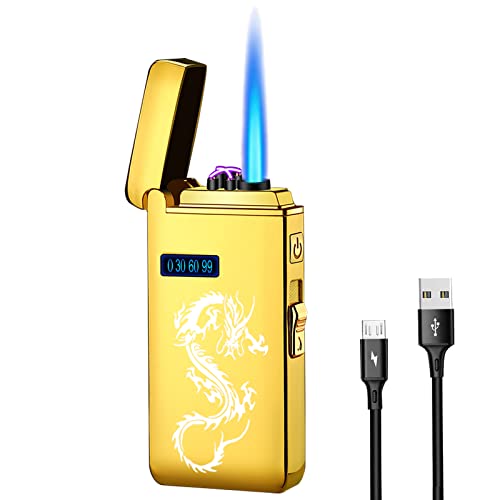Gold Dragon Arc Lighter - Jet Flame Torch, USB Rechargeable with Battery Indicator, Windproof, Refillable Butane, 2 in 1 Electric Lighter