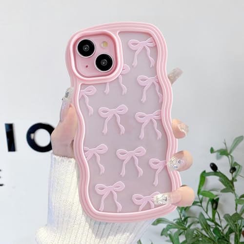 QLTYPRI Cute Bow Case for iPhone 15, Clear Ribbon Bow Pattern Curly Wave Edge Aesthetic Transparent Phone Case, Slim Shockproof Protective Phone Cover for Women Girls - Pink