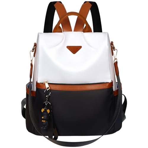 Leathario Mochila Mujer en Nylon con Multibolsillos, Bolso Mochila Multifuncional Casual para Uso Diario como Viaje, Escuela, Compras, Visitas y Universidad Negro y blanco