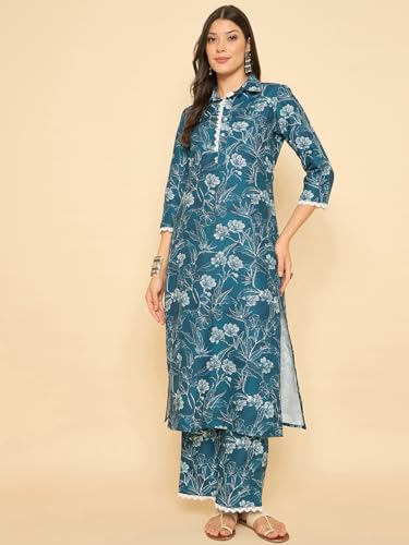 Image of SheWill Women Cotton Blend Floral Printed Straight Kurta with Mandarin Collar, Button Detailing, and 3 /4th Sleeves Paired with Matching Printed Pants