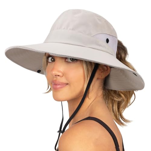 DRESHOW Mujer Sol Sombrero Al aire Libre UV Protección Sombrero Plegable Ala Ancha Pesca Ponytail Playa Bucket Sombreros