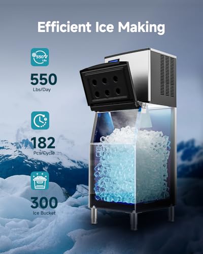 Image of EUHOMY Commercial Ice Maker Machine, 550 lbs /24H Industrial Ice Machine with 300 lbs Storage Bin, SECOP Compressor, ETL Certified Stainless Steel Ice Maker for Bar, Cafe & Restaurant