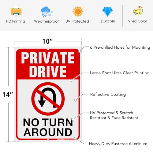 Faittoo Private Drive Sign, No Turn Around Sign, 2 Pack, 35 x 30 cm .040 Rust Free Heavy Aluminum, Reflective, Waterproof - Image 4