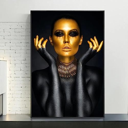 Peinture sur toile femme africaine art moderne sexy et doré 35x50