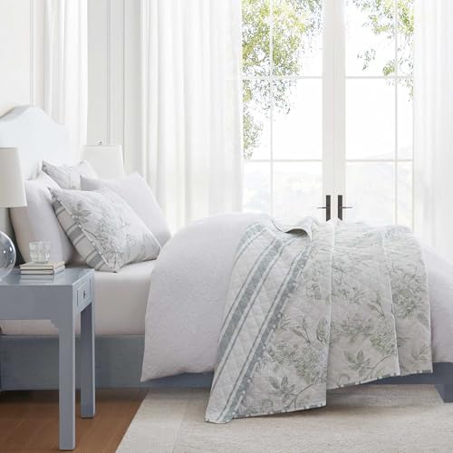 Image of Martha Stewart - King Quilt Set, 100% Cotton Reversible Bedding Set, Incredibly Soft Feel for Year Round Comfort, 3 Piece Bed Set with Matching Pillowcases (Vine Flora Green)