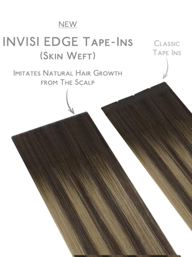 Image of WENNALIFE Invisi Edge 8cm Tape in Hair Extensions Human Hair | 20 Inch 20g 4pcs Balayage Chocolate Brown to Caramel Blonde Invisi Remy Tape Ins Straight Reusable tensiones