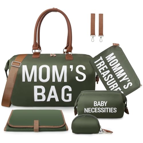 Image of printe 6pcs Large Diaper Bag Tote with Changing Pad & 2 Organized Pouches, Mom's Bag for Hospital with Pacifier Case, Straps, Stroller Hook, Baby Diaper Bag for Weekender Travel, Olive Green