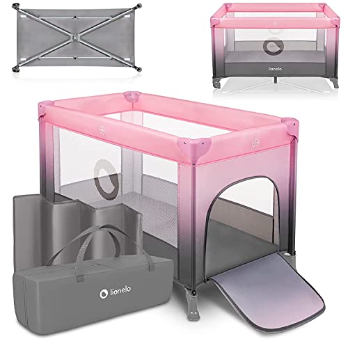 Lionelo STEFI - Cuna de viaje y parque infantil portátil 2 en 1 para recién nacidos y niños pequeños de 0 a 36 kg con colchón, entrada lateral, malla transpirable, seguridad LockGuard, ruedas con