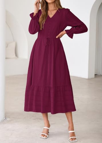 Lazysmile Women's Long Sleeve Maxi Dresses 2026 Fall V Neck Button Down Tie Waist Swing Casual Boho Dress with Pockets Wine Red — view 4
