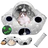 Cat Tunnel Bed, Cat Tunnels for Indoor Cats, Cat Donut Tunnel Toy with Washable Circle Cushion, Straight Shaped Tunnel, 4 Fluffy Balls, Blackout Tent, Self-Luminous Cat Toys（Grey）
