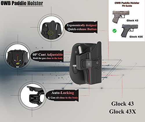 G43X Holster Fit Glock 43X, Glock 43, Outside Waistband Holster, Open Carry Polymer G43 Holster, Adjustable Owb Paddle Gun Holster, Quick Release - Right Handed #TOP6