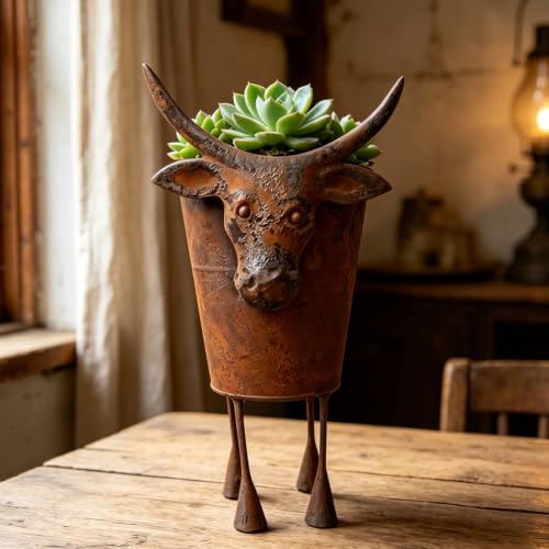 Pot de fleurs de table tête de bétail en fer marron rustique pour bureau - 3