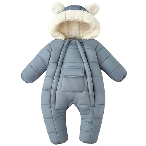 JiAmy Baby Snowsuit, Newborn Bear Winter Hooded Romper, Fold-Over Mittens Footies Jumpsuit Boys Girls Outfits Bodysuits Clothes 18-24 Months