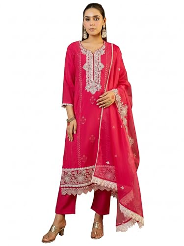 Image of INDO ERA Women's Silk Blend Ethnic Motifs Embroidered Straight Kurta & Pant with Dupatta Set (RRSTR10158)