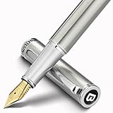 BEILUNER Luxury Fountain Pen Set, Solid 24K Gilded Medium Nib, Silver Stainless Steel Body- Includes 6 Ink Cartridges & Ink Refill Converter with Gift Case - Nice pen for Men and Women