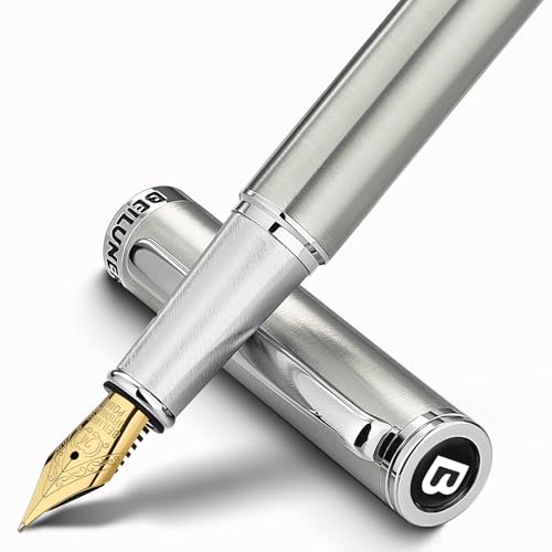 BEILUNER Luxury Fountain Pen Set, Solid 24K Gilded Medium Nib, Silver Stainless Steel Body- Includes 6 Ink Cartridges & Ink Refill Converter with Gift Case - Nice pen for Men and Women