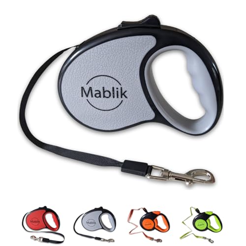 Mablik® Correa Perro Extensible 5 Metros Gris, hasta 15 Kg Correa Extensible Perro Pequeño y Mediano, Cinta Resistente, Botón Frenado. Auto Enrollado. Mosquetón 360º, Ergonómico. (Gris, 5M)