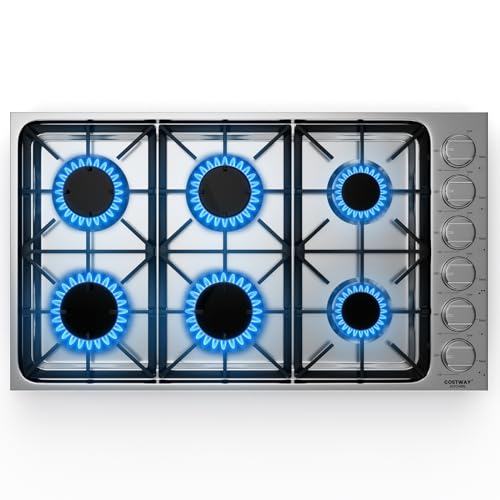 COSTWAY 30-inch Gas Cooktop, Stainless Steel Gas Stove Top with 4 Burners, ABS Knobs and Cast Iron Grates, NG/LP Convertible Gas Range Top with Sealed Burners for Kitchen, Easy to Clean, Silver