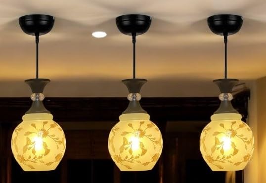 Classic Glass Hanging Light for Living Room, Pendant Lamp, E27 Holder, Indoor Ceiling Light Fixture, Floral White Glass Shade, Home Decor Light, Pack of 3-image-41
