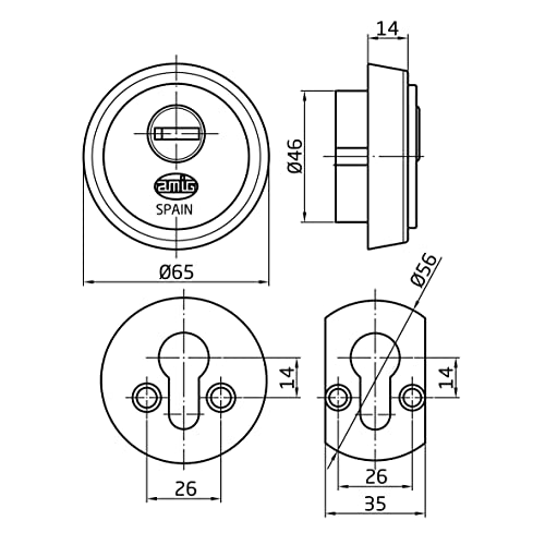 Amig - Sicherheitsschild für Türen | Anti-Bohrplatte aus Stahl | Für Türdicke ab 40 mm | Messing, Mattes Chrom, Ø65 mm, türöffner 30v, einsteckschloss 240 mm