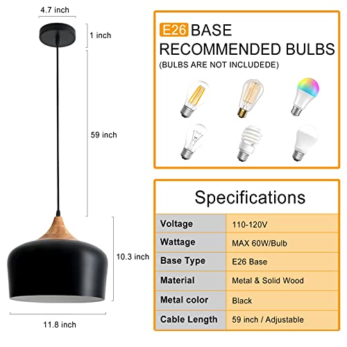 DOTCN 11.8 inch Black Industrial Pendant Light, Adjustable Wood Ceiling Hanging Lighting with Dome Metal Shade,Farmhouse Minimalist Lamp for Kitchen Island,Dining Room,Bar, Bedroom,Hallway by DOTCN - Image 6
