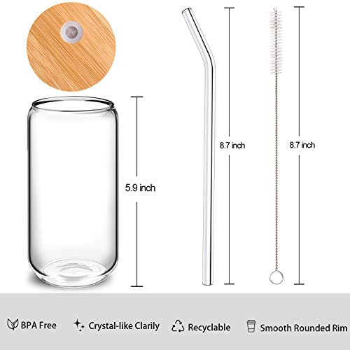 6 Pcs Drinking Glasses With Bamboo Lids And Glass Straw 6Pcs Set - 16Oz Can Shaped Glass Cups, Iced Coffee Glasses, Cute Reusable Bottle, Ideal For Whiskey, Beer, Tea, Gift - 2 Cleaning Brushes #TOP6