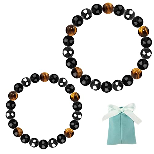 Triple Protection Bracelet Elastic - Hematite - Tiger Eye - Black Obsidian - Nature Stones Couple Bracelets for Men/Women, Bring Luck Health