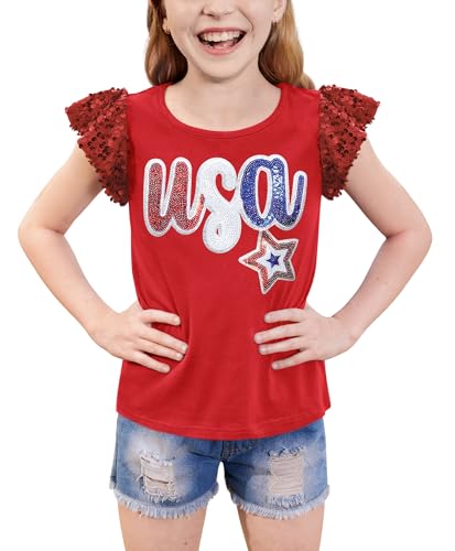 BesserBay Girls 4th of July Sequin Ruffle Short Sleeve Tee Top Flag Red White Blue Shirt 4-12 Years