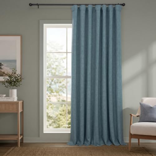 Image of HPD Half Price Drapes - Faux Linen Curtains for Living Room (1 Panel) - 100W X 96L - Extra Wide Textured Room Darkening Curtains for Bedroom 96 Inches Long - Drapes for Home Decor, Reverie Blue