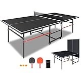 Professional Table Tennis Table, Foldable Ping Pong Game Set for Indoor, 8FT 9FT Single Player Playback Mode Ping Pong Table with Net and Post Set, 2 Paddles and 3 Balls (Black-8x4ft)
