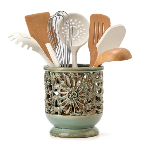 Farmhouse Kitchen Utensil Holder for Countertop, Ceramic Large Cooking Utensil Crock with Cork Mat, Decorative Rustic Utensil Holder for Kitchen Counter, Hollow Carving Flower, Blue