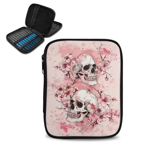 Hechitok Estojo Para Agulhas De Crochê Em Formato Caveira Com Flor Cerejeira Hechitok, Bolsa Organizadora Zíper E Bolsos Agulhas/Acessórios Tricô/Ferramentas Kit Fáceis Segurar