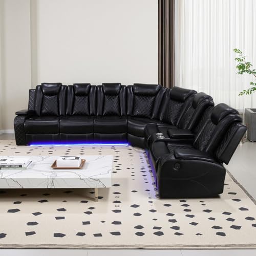 GEBADOL Power Reclining Sectional Sofa, Black Leather Couch with Recliners, Air Leather Sofa Couch with LED Lights/USB Port/Cup Holder for Living Room/Apartment/Office