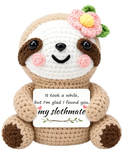 Emotional Crochet Sloth Gift with Card, Handmade Positive Sloth Plush Keepsake, Romantic Soulmate Birthday Gifts for Boyfriend Girlfriend Husband Wife, Anniversary Valentine’s Day Couples Desk Decor