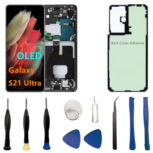 OLED Galaxy S21 Ultra LCD Screen Replacement for Samsung Galaxy S21Ultra 5G Display Touch Screen Digitizer Assembly SM-G998U SM-G998U1 Support Fingerprint. (With Black Frame+Back Cover Adhesive+Tools)