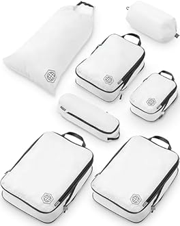 Extra Large Compression Packing Cubes for Travel-Extra Large Packaging Cube Luggage Organizers 7 Piece Set-Ultralight, Expandable/Compression Bags for Clothes (White/Grey)