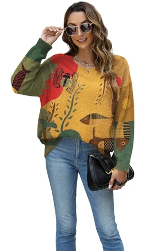 Gunest Women Graphic Oversized Sweater Crew Neck Long Sleeve Fish Printed Loose Fit Casual Knit Pullover Sweaters Top For Fall Winter thumb #1
