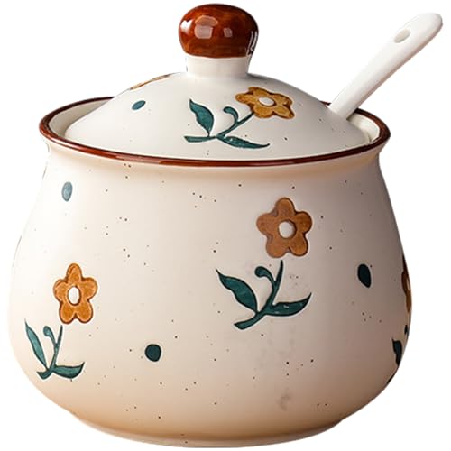 Lifenanny Sugar Bowl with Lid and Spoon, 300ml Floral Ceramic Condiment Jars Pots 10 OZ Spice Container Seasoning Canisters Box for Kitchen Coffee Bar, Yellow Flower