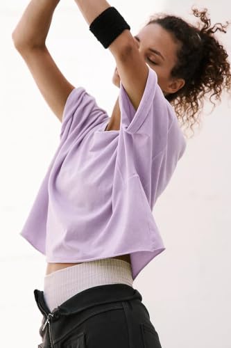 Image of HUGOOME Womens Oversized Workout Crop Top Casual Short Sleeve Boxy Roll Hem
