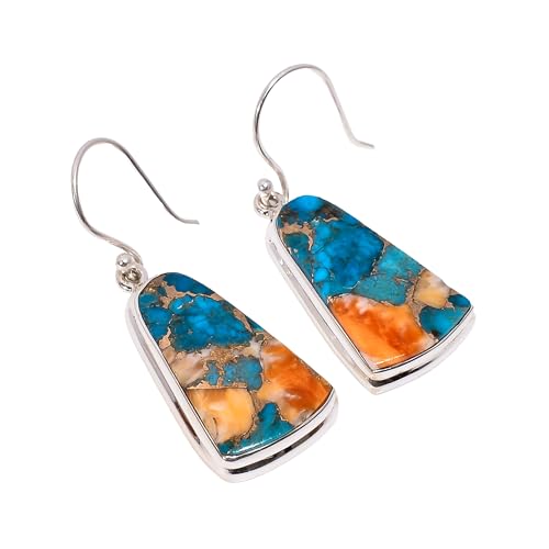 Natural Top Quality Orange Spiny Oyster Turquoise Orange Blue Copper Turquoise Gemstone 925 Sterling Silver Handmade Orange Stone Dangle Earrings for Women Gift for Her