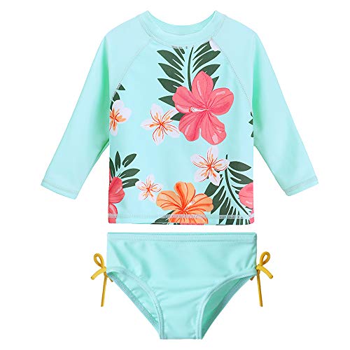 HUAANIUE Baby/Toddler Girls Swimsuit Rashguard Set Long Sleeve UPF 50+ Aqua 5-6 T